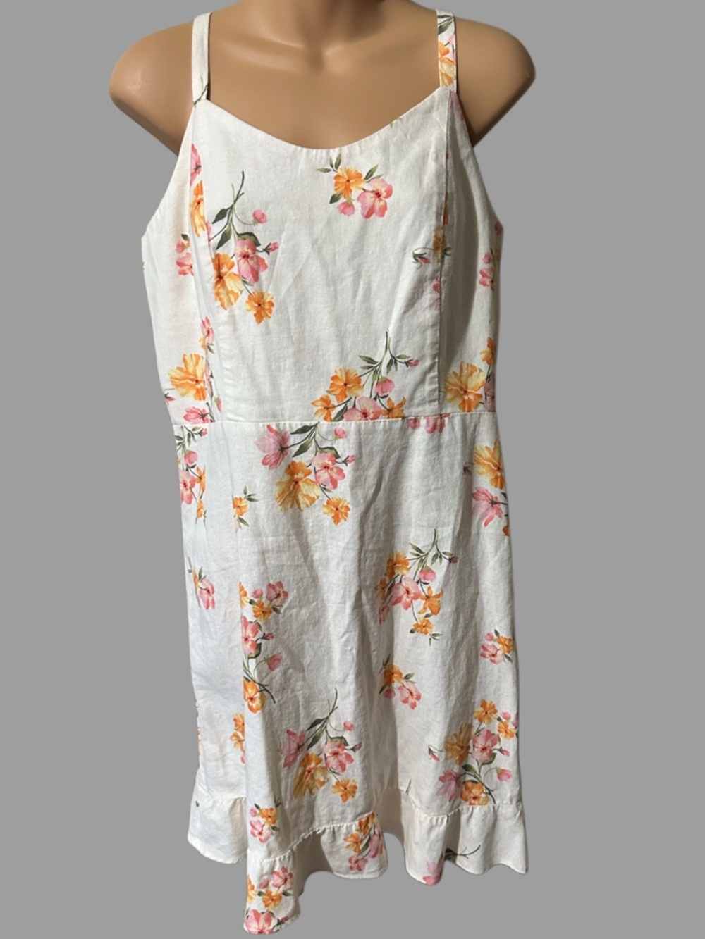Old Navy White Floral Print Fit and Flare Ruffle Hem Cami Linen Dress